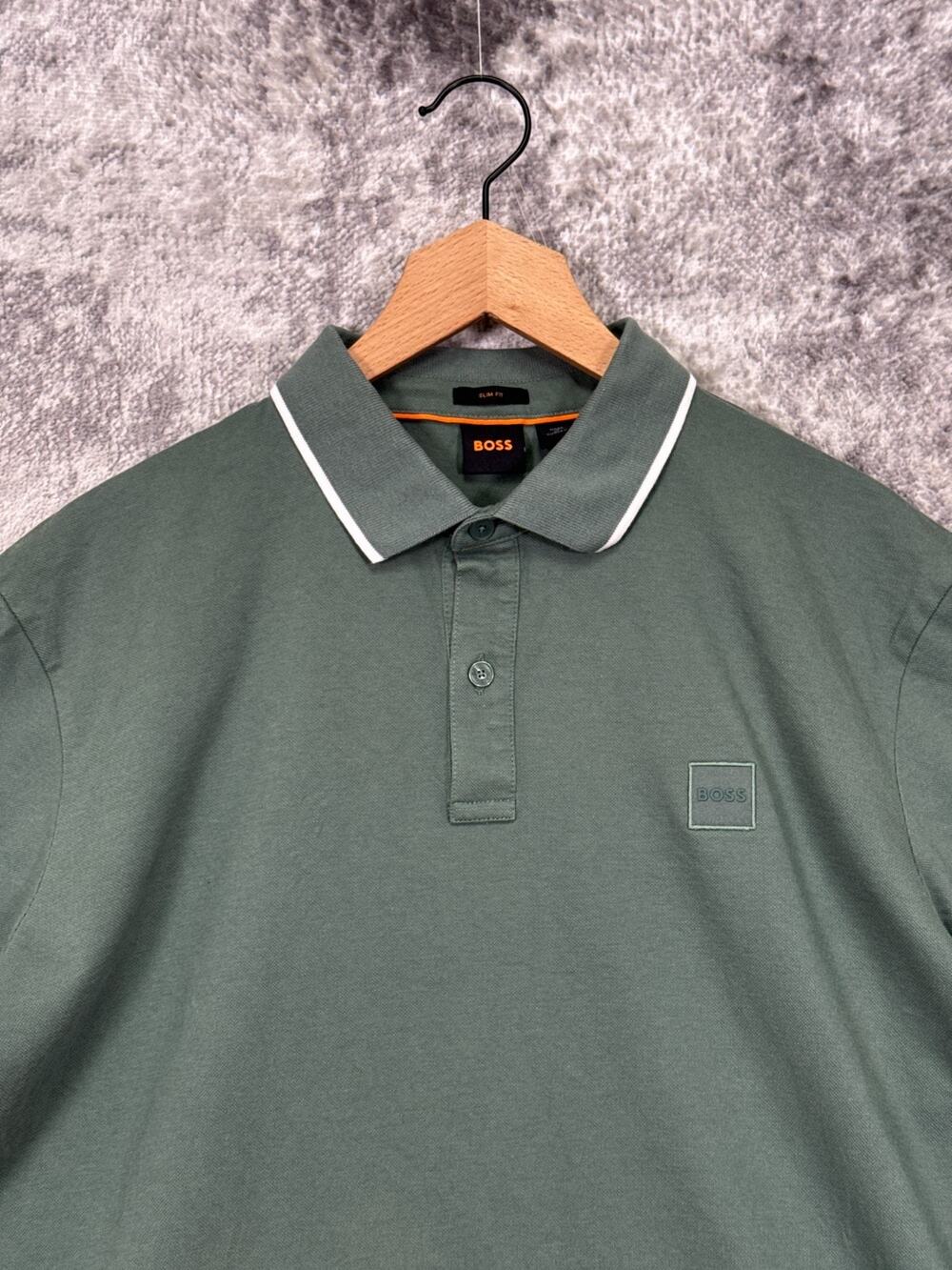 Hugo Boss Polo Shirt XXL Mens Passertip Slim Fit Green Pique Logo Tipped Collar